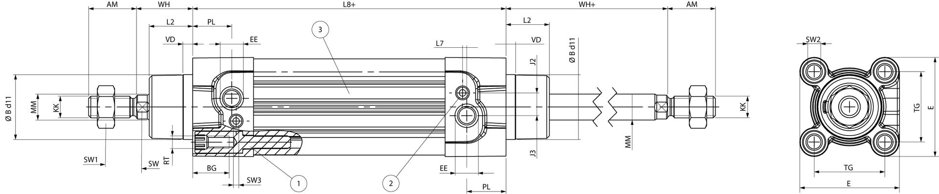 LL Series Double Acting with Double Rod End Pneumatic Air Rams ISO 15552 - Image 2